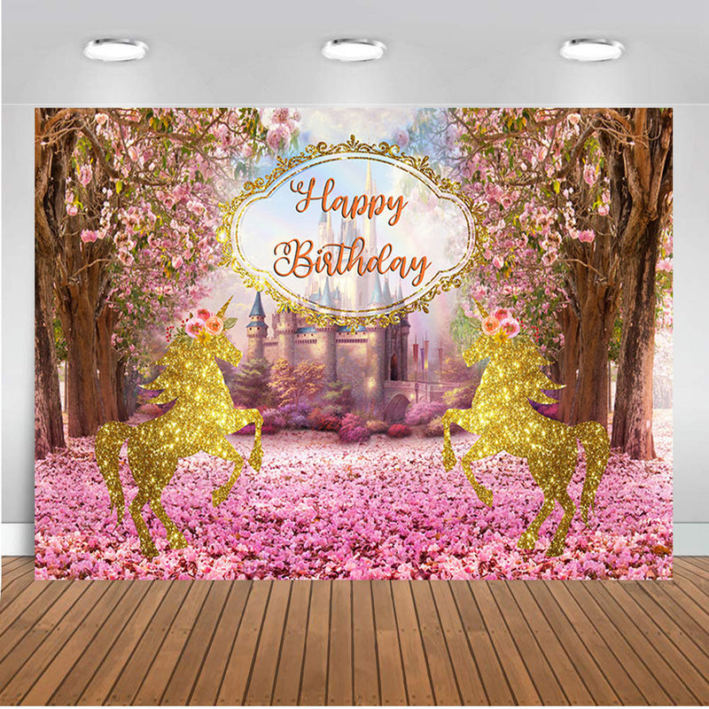 Happy Birthday Photo Background Pink Flowers for Girls Birthday Party Decoration Castle Golden Horse Backdrop for Photography Studio