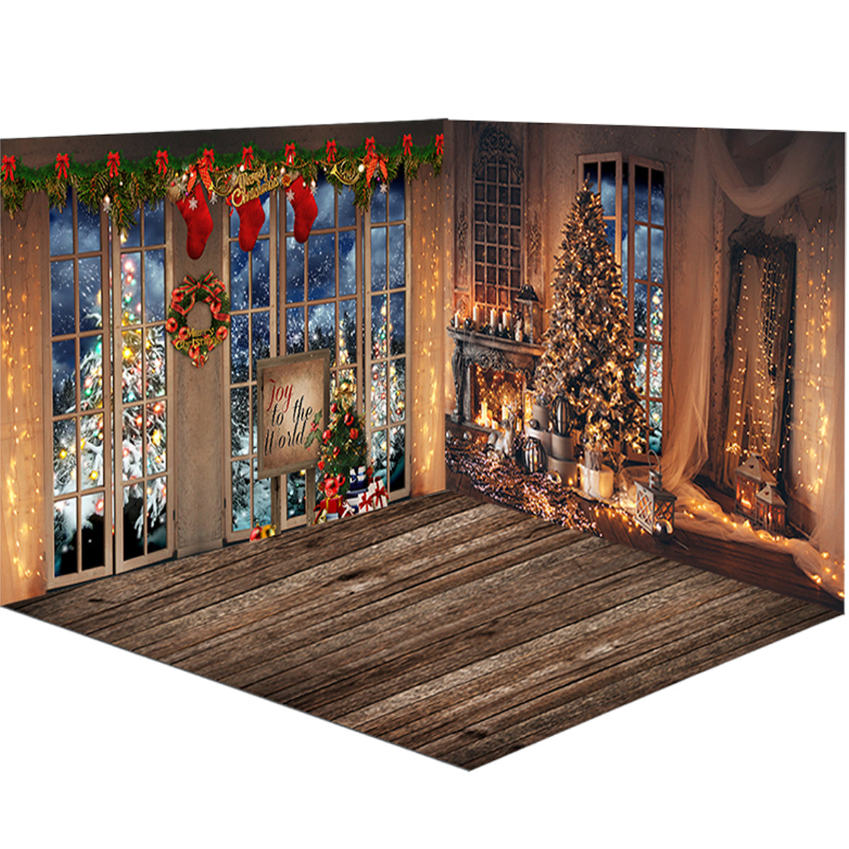 Christmas Fireplace Photography Background Christmas Tree Backdrop Decoration