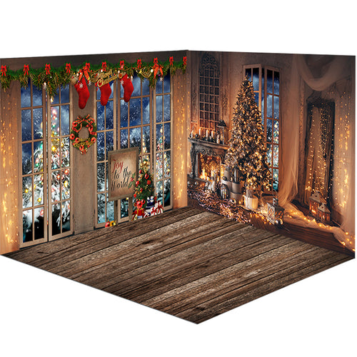 Christmas Fireplace Photography Background Christmas Tree Backdrop Decoration