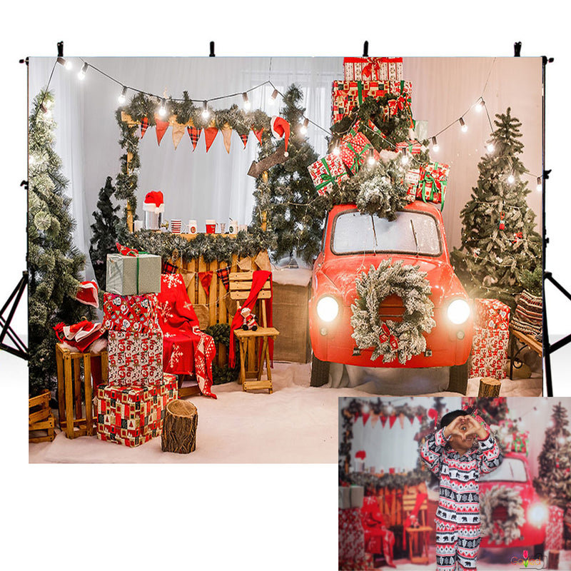 red car photo backdrop Christmas trees photography background Merry Xmas photo booth props home party decor Vinyl backdrops kids