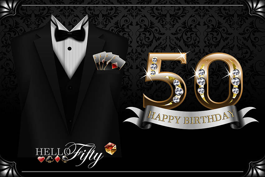 Mens 50th Birthday Photography Backdrop Black Gentleman Birthday Party Banner Background Necktie Playing Card Magic Decoration for Photo Studio