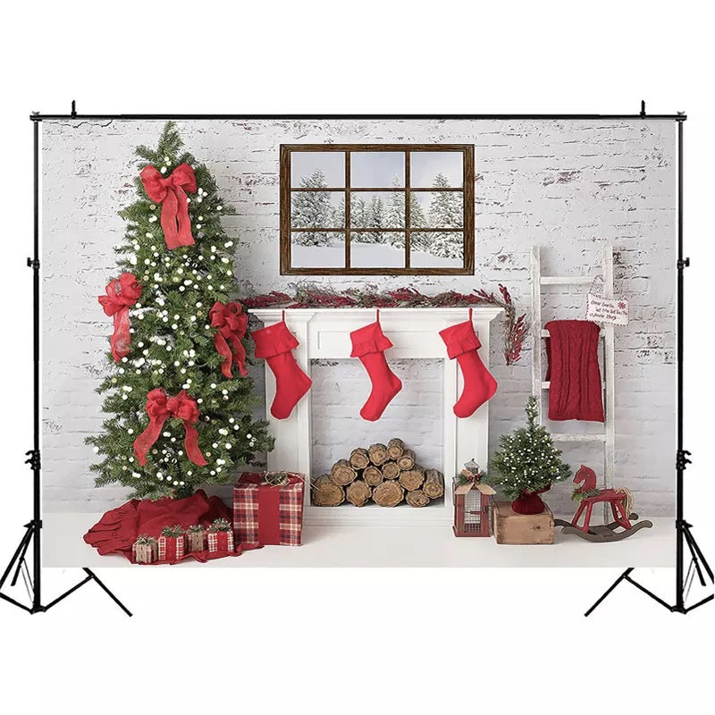 Christmas Window Snow Photography Background Christmas Tree Fireplace ...