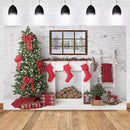 Christmas Window Snow Photography Background Christmas Tree Fireplace Red Socks Backdrop Decorations Photo Studio Supplies