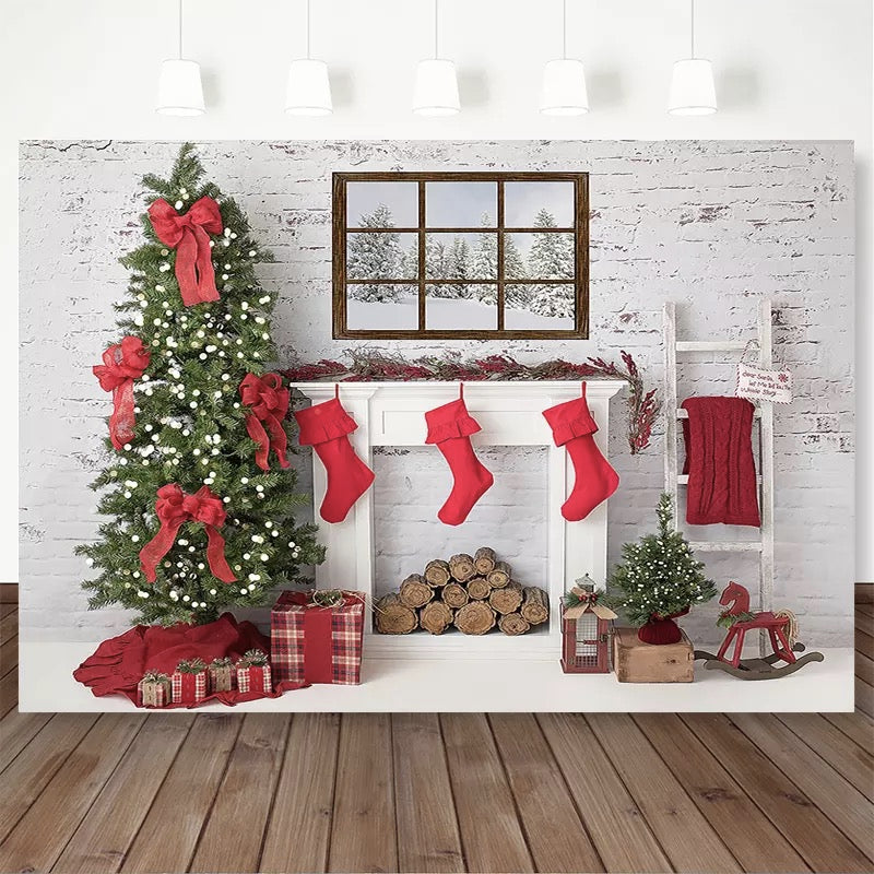 Christmas Window Snow Photography Background Christmas Tree Fireplace Red Socks Backdrop Decorations Photo Studio Supplies