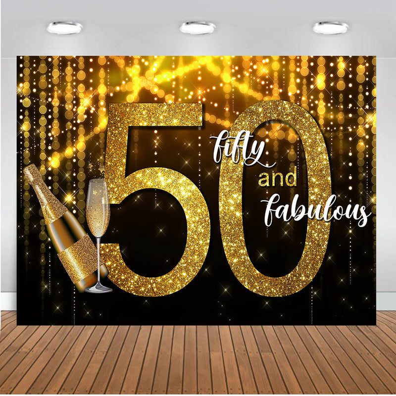 Women 50th Birthday Party Photography Backdrop Personalized Birthday Party Banner Background Black Golden Shine Twinkle Banner Decoration for Photo Studio