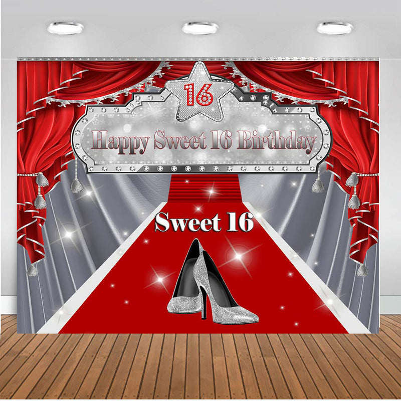 Red Sweet 16 Photography Backdrop Quinceanera Party Banner Background Sliver Heels Birthday Decoration for Photo Studio