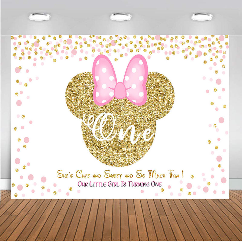 Pink mouse backdrop gold glitter 1st birthday party background for photo shoot one birthday party decoration personalized