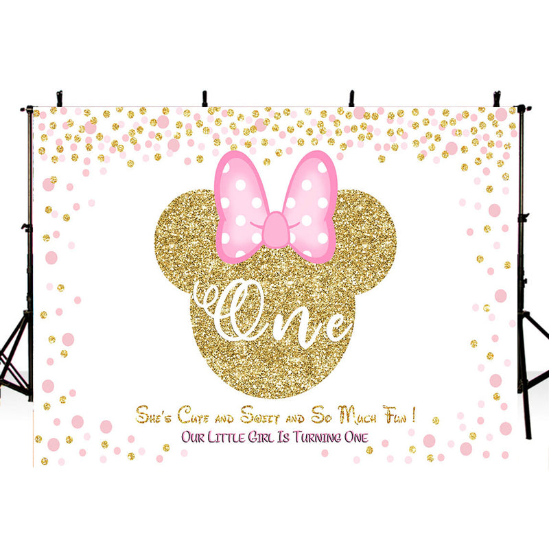 Arrière-plan de souris rose à paillettes dorées, arrière-plan de fête de 1er anniversaire pour séance photo, décoration de fête d'anniversaire personnalisée