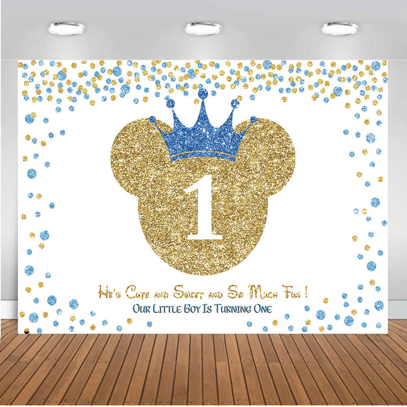 Minnie Monkey Mouse Photo Background for Baby Shower 1st Birthday Party Decoration for Boys Blue Golden Backdrop for Photography Studio