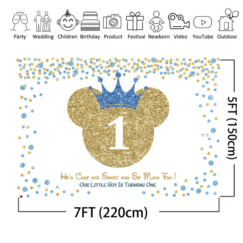 Minnie Monkey Mouse Photo Background for Baby Shower 1st Birthday Party Decoration for Boys Blue Golden Backdrop for Photography Studio