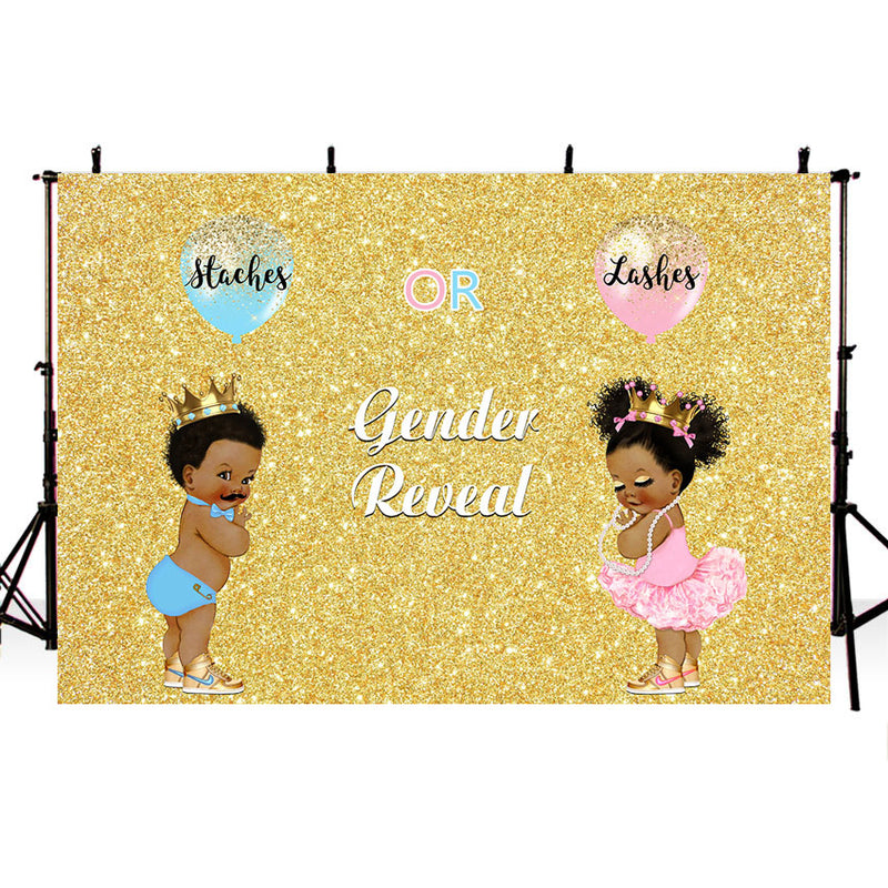Gender Reveal Staches or Lashes Twins Birthday Photo Background for Baby Shower 1st Birthday Party Decoration for Ladies and Gentleman Golden Glitter Backdrop for Photography Studio