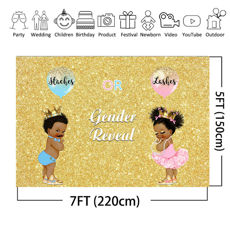 Gender Reveal Staches or Lashes Twins Birthday Photo Background for Baby Shower 1st Birthday Party Decoration for Ladies and Gentleman Golden Glitter Backdrop for Photography Studio