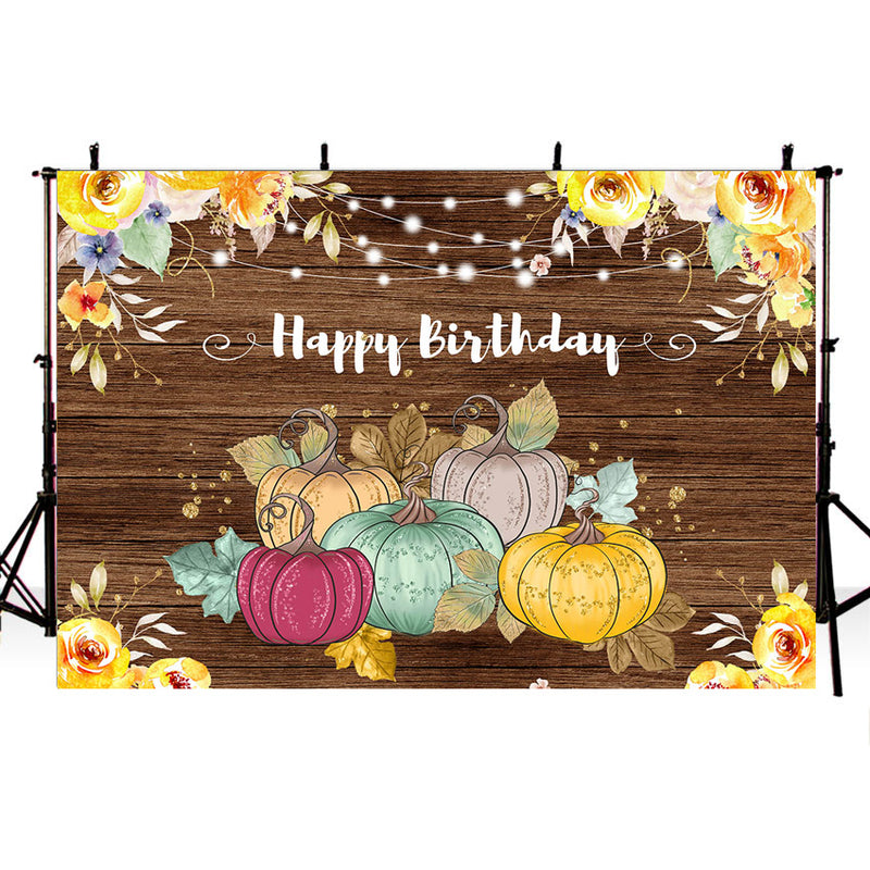 Happy Birthday Photo Background Wooden Floor Party Decoration Floral Pumpkin Baby Newborn Backdrop for Photography Studio