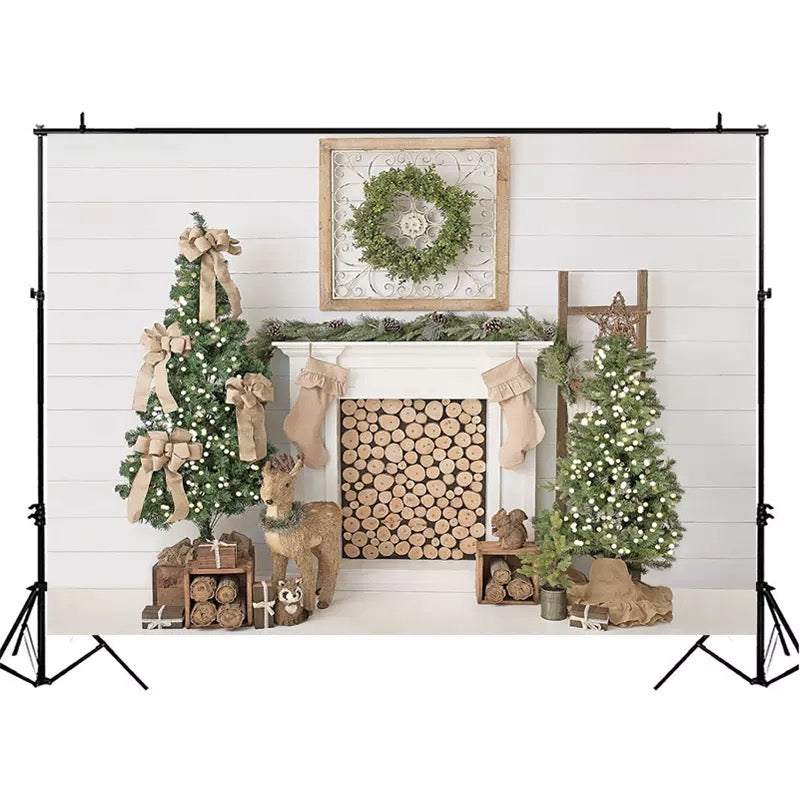 Christmas Backdrop White Fireplace Christmas Tree Decor Photocall Background Photo Studio Family Portrait Photography Backdrops