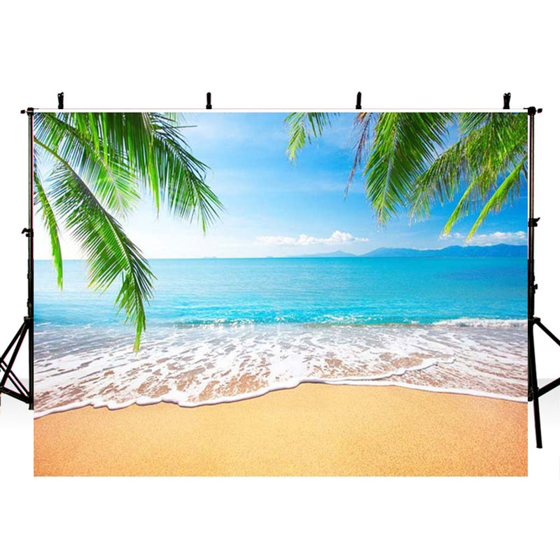 Summer Tropical Beach Backdrop Hawaii Ocean Palm Trees Photography Background for Picture Blue Sea Sky Sunshine Luau Themed Party Decorations Photo Booth Studio Props