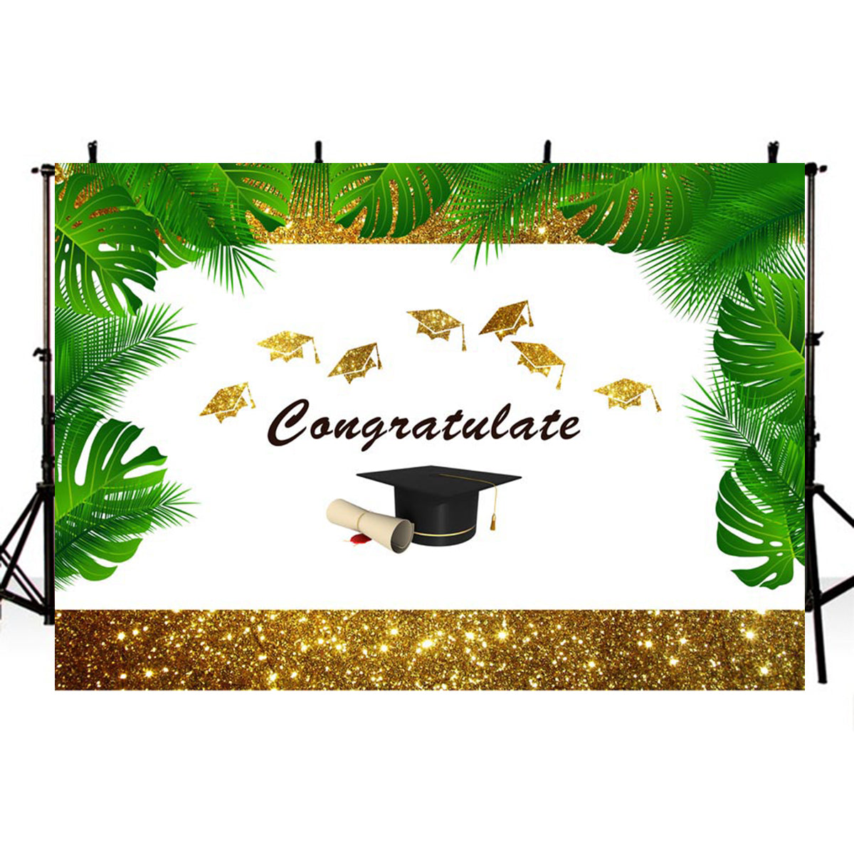 Bachelor Cap background high school photo booth props 2019 graduation banner photo backdrop golden sparkle photo backdrop tropical vinyl background elementary graduation photo props for teenage