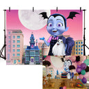 Halloween Photography Background Vampirina City Street Large Moon Backdrop for Party Vampire Scary Photography Birthday Party decor