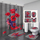Red Rose Shower Curtain Waterproof High Heel Flowers Bath Mat Toilet Lid Cover Flannel Bathroom Carpet 4 Piece Set
