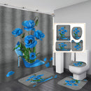 Blue Rose Shower Curtain Waterproof High Heel Flowers Bath Mat Toilet Lid Cover Flannel Bathroom Carpet 4 Piece Set