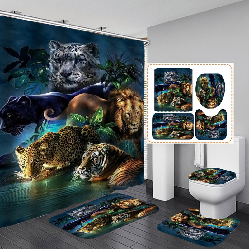 Lion Panther Tiger Shower Curtain Set Home Decor Tiger Animals Waterproof Bath Mat Toilet Lid Cover Flannel Bathroom Carpet 4 Piece Set