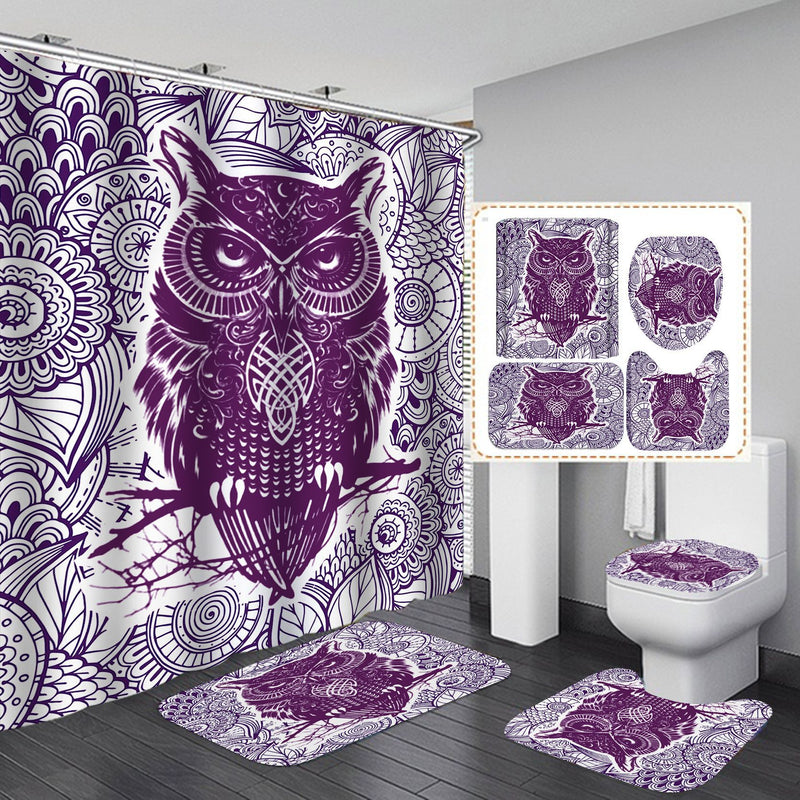 Animal Owl Shower Curtain Waterproof Bath Mat Toilet Lid Cover Flannel Bathroom Carpet 4 Piece Set