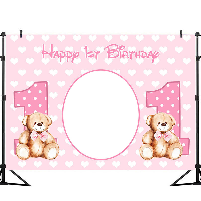 Fondo rosa de feliz primer cumpleaños para niña, Fondo de fotografía para Baby Shower, póster personalizado, decoraciones para mesa de postre, accesorios