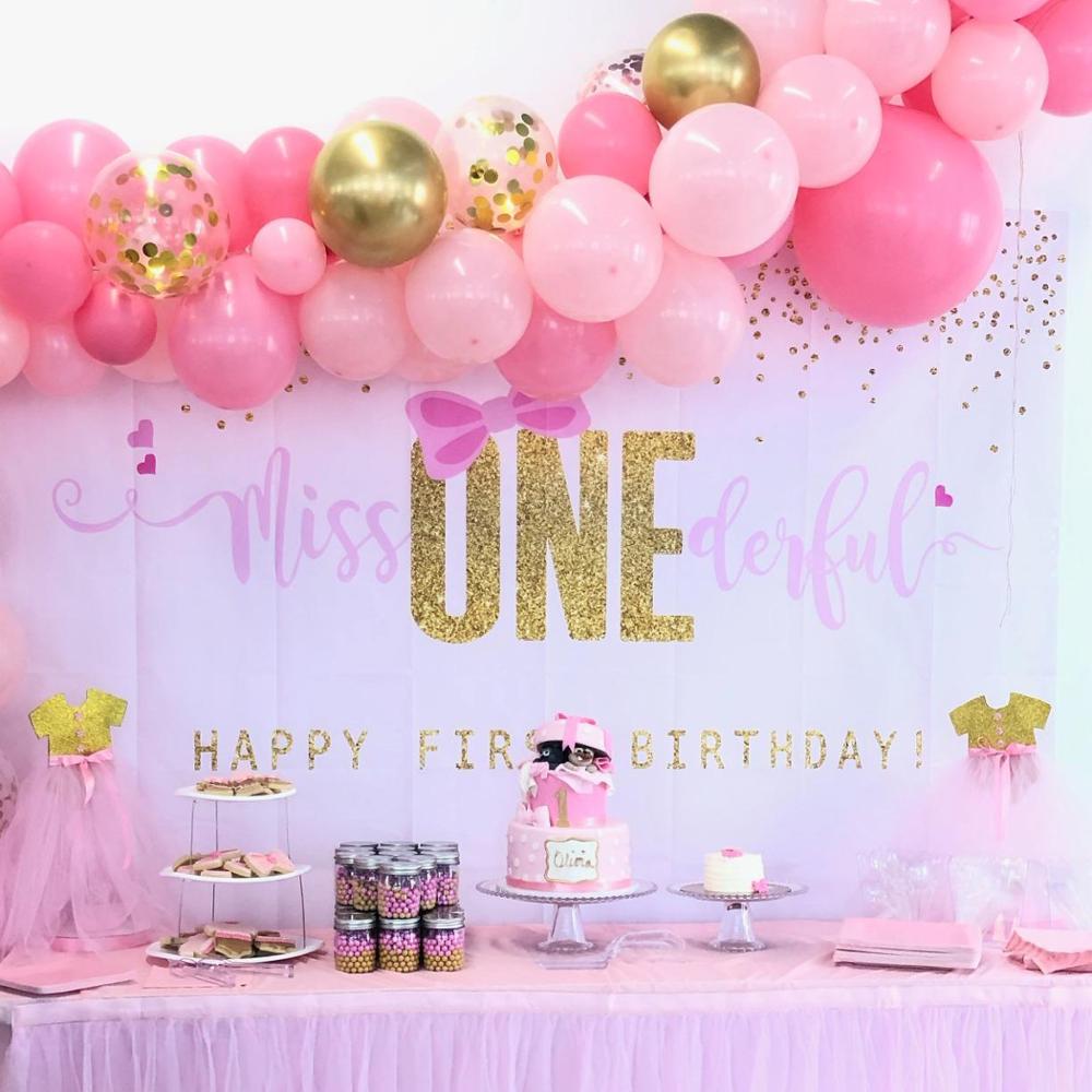 Toile de fond pour 1er anniversaire de filles, avec nœud rose et points dorés, décor de fête d'anniversaire pour filles, bannière d'anniversaire Little Miss Onederful