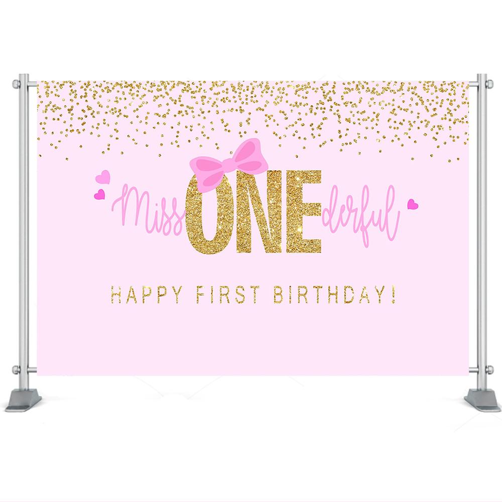 Toile de fond pour 1er anniversaire de filles, avec nœud rose et points dorés, décor de fête d'anniversaire pour filles, bannière d'anniversaire Little Miss Onederful