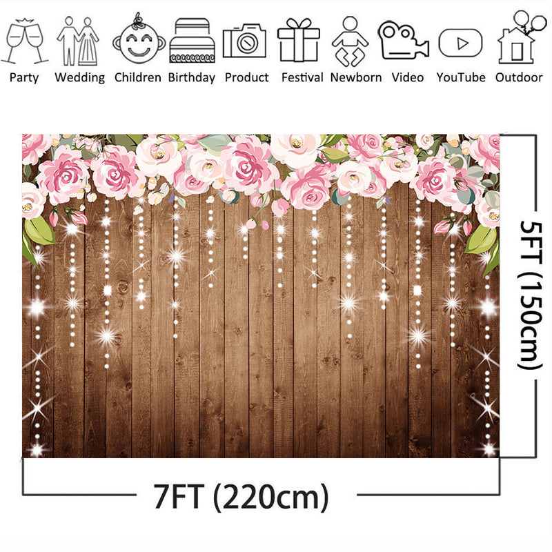 Glitter Bridal Shwoer Photography Backdrop Drak Brown Wood Flower Background for Photo Booth Studio Floral for Wedding Ceremony