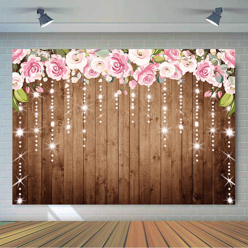 Glitter Bridal Shwoer Photography Backdrop Drak Brown Wood Flower Background for Photo Booth Studio Floral for Wedding Ceremony