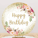 Personalize Glitter Dots Floral Round Happy Birthday Backdrop Kids Adult Birthday Party Circle Cake Table Background Decor
