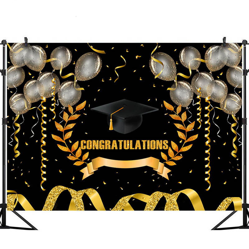 Arrière-plan de photographie de classe de remise de diplôme 2021, arrière-plan de photographie noir doré, décor de fête de célébration, ballon argenté, arrière-plan de séance photo