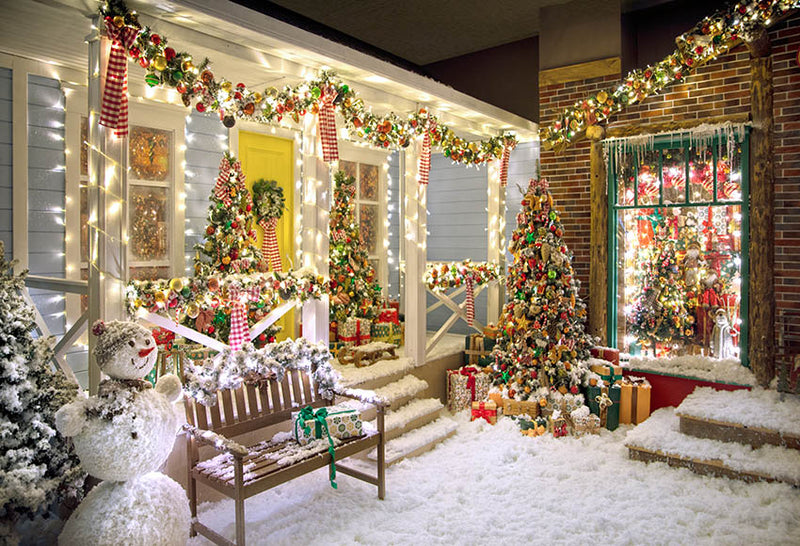 Arrière-plan de photographie de bonhomme de neige de noël, arbres de noël enneigés, fenêtre, Portrait de nouveau-né et d'enfant, Studio Photo