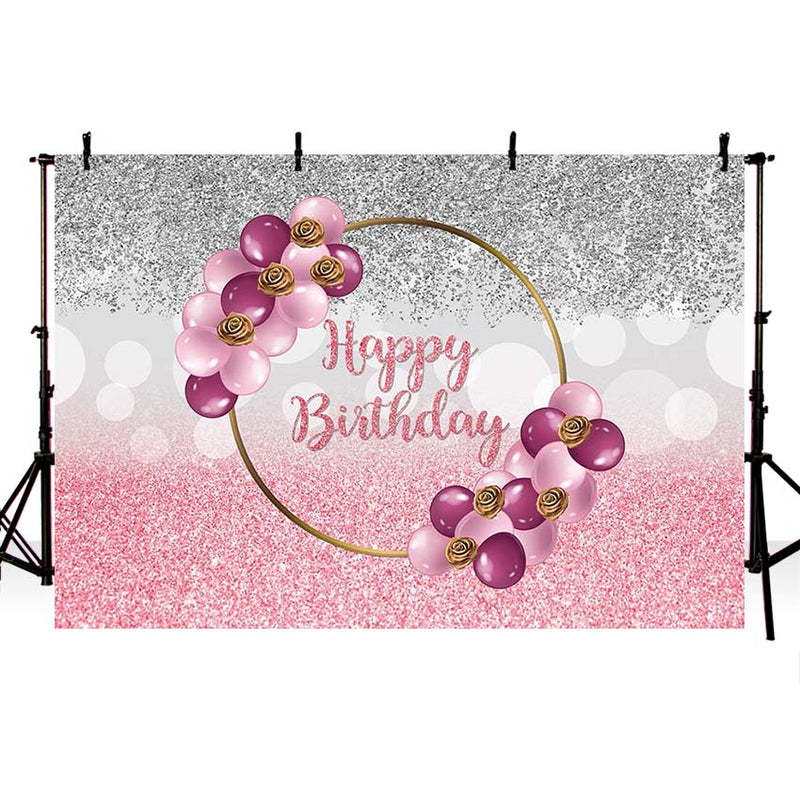 Pink Sliver Glitter Happy Birthday Pink Balloon Rose Flowers Girls Kids Women Backdrop Photo Studio