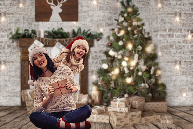 Christmas Window Snow Photography Backdrops White Brick Wall Red Curtains Family