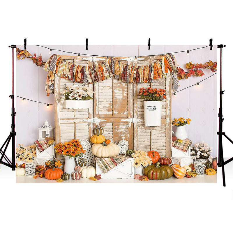 Autumn Barn Door Glitter Maple Leaves Pumpkins Kid Birthday Party Portrait Backdrop Photo Studio