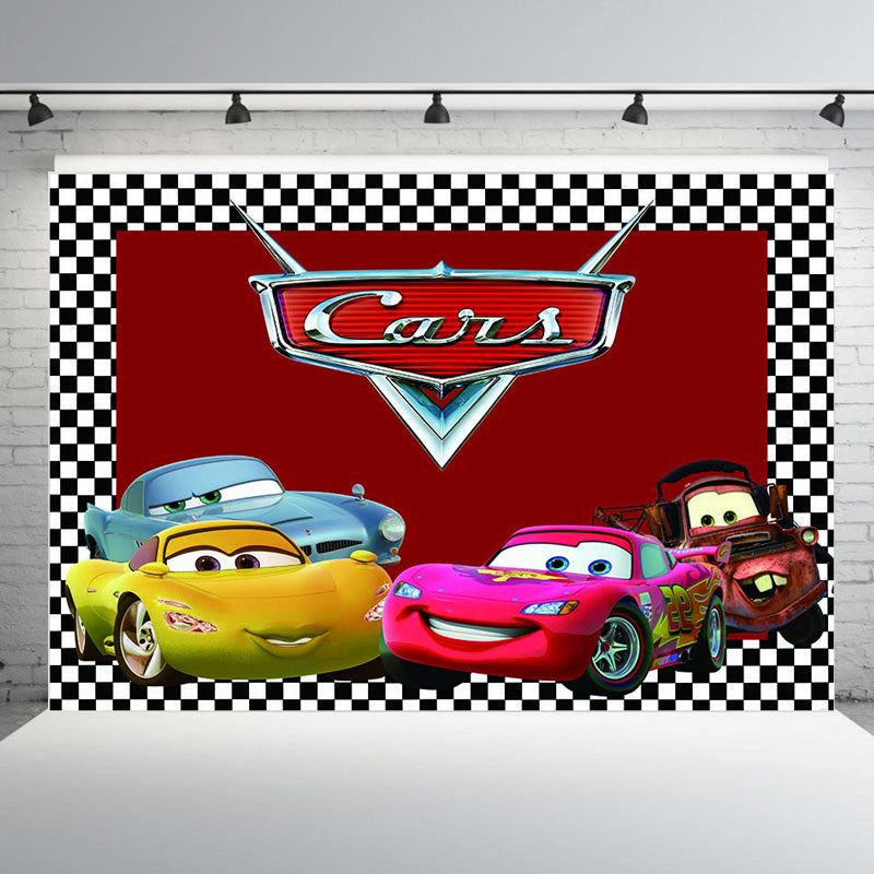 Fondo con temática de competición de coches de carreras para niños, decoración de cumpleaños, banderas de rayas rojas, foto de feliz cumpleaños