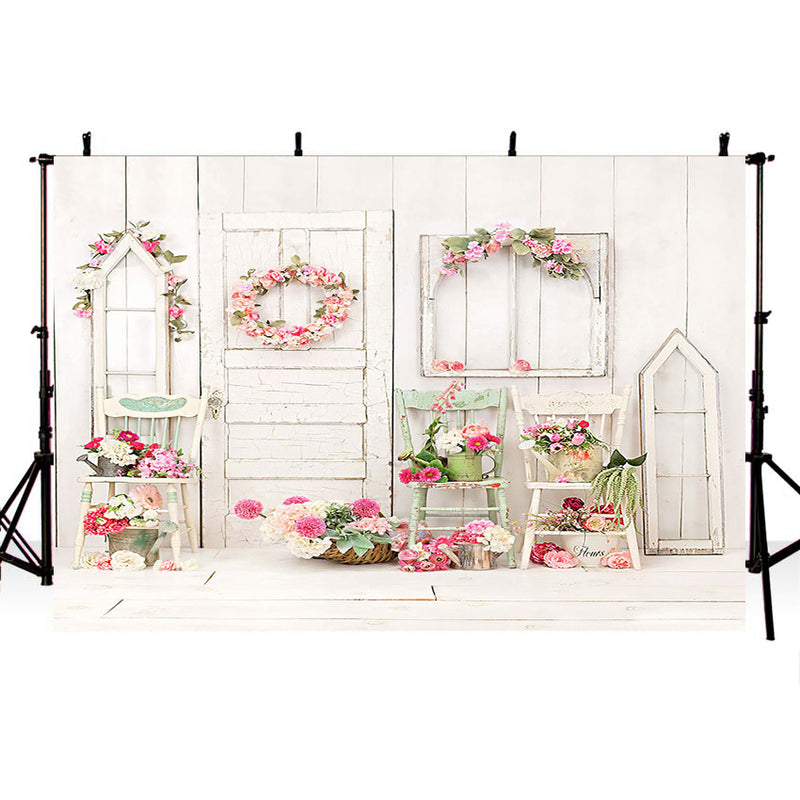 Backdrop Balcony Bright Flowers Wreath Basket Chairs Wood Wall Background Photo Studio Photobooth Photography Backdrops