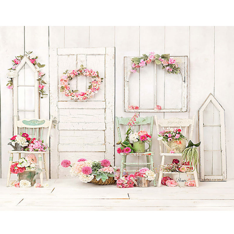 Backdrop Balcony Bright Flowers Wreath Basket Chairs Wood Wall Background Photo Studio Photobooth Photography Backdrops