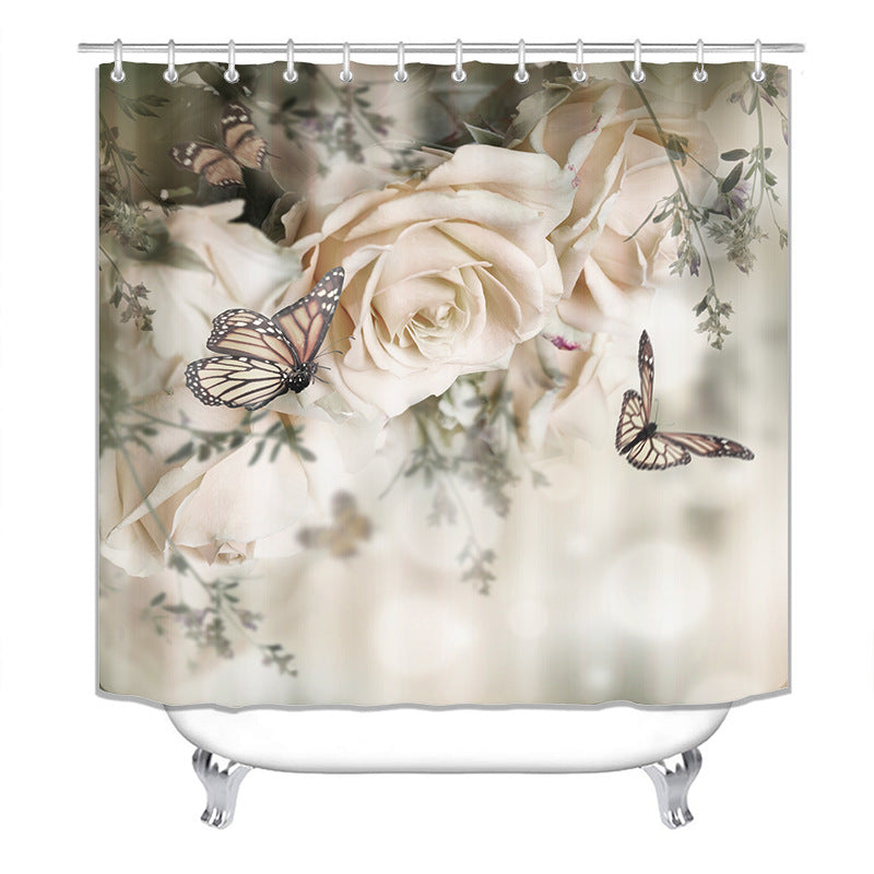 Elegant Flowers Shower Curtain Waterproof Butterfly Bath Mat Toilet Lid Cover Flannel Bathroom Carpet 4 Piece Set