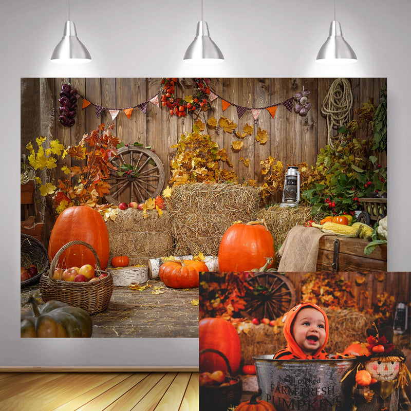 Fall Thanksgiving Photography Backdrop Halloween Rustic Wooden Floor Barn Harvest Background Autumn Pumpkins Maple Leaves Baby Shower Party Decoration Photo Studio