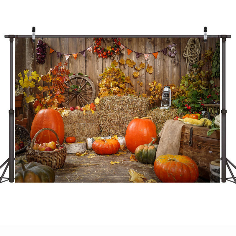 Fall Thanksgiving Photography Backdrop Halloween Rustic Wooden Floor Barn Harvest Background Autumn Pumpkins Maple Leaves Baby Shower Party Decoration Photo Studio