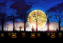 Fondo de fotografía con luz de calabazas con tema de Halloween, telón de fondo de Luna amarilla de terror fantasma, árboles viejos, fondos de cementerio para niños