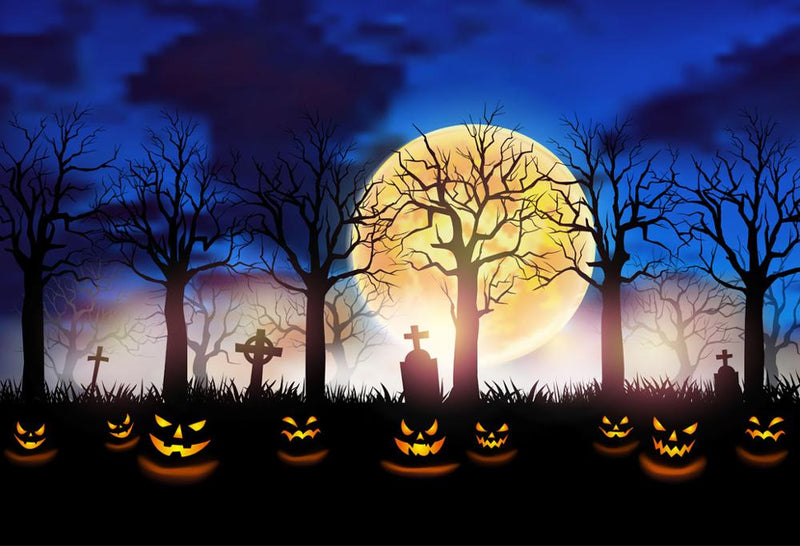 Fondo de fotografía con luz de calabazas con tema de Halloween, telón de fondo de Luna amarilla de terror fantasma, árboles viejos, fondos de cementerio para niños