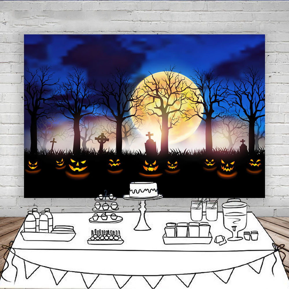 Halloween Theme Pumpkins Light Photography Background Ghost Horror Yellow Moon Backdrops Old Trees Kids Cemetery Backdrops