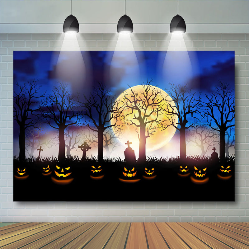 Halloween Theme Pumpkins Light Photography Background Ghost Horror Yellow Moon Backdrops Old Trees Kids Cemetery Backdrops