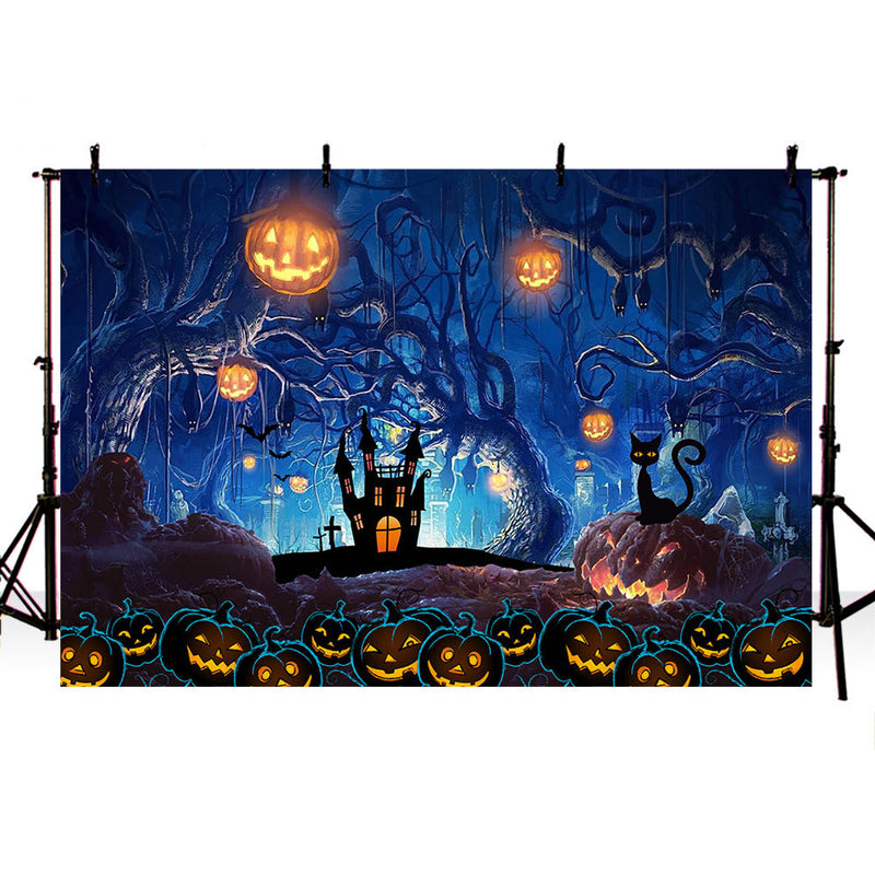Fondo de fotografía con temática de Halloween Noche De Luna bosque espeluznante fondo de calabazas árboles muertos Casa Encantada decoraciones de fiesta 