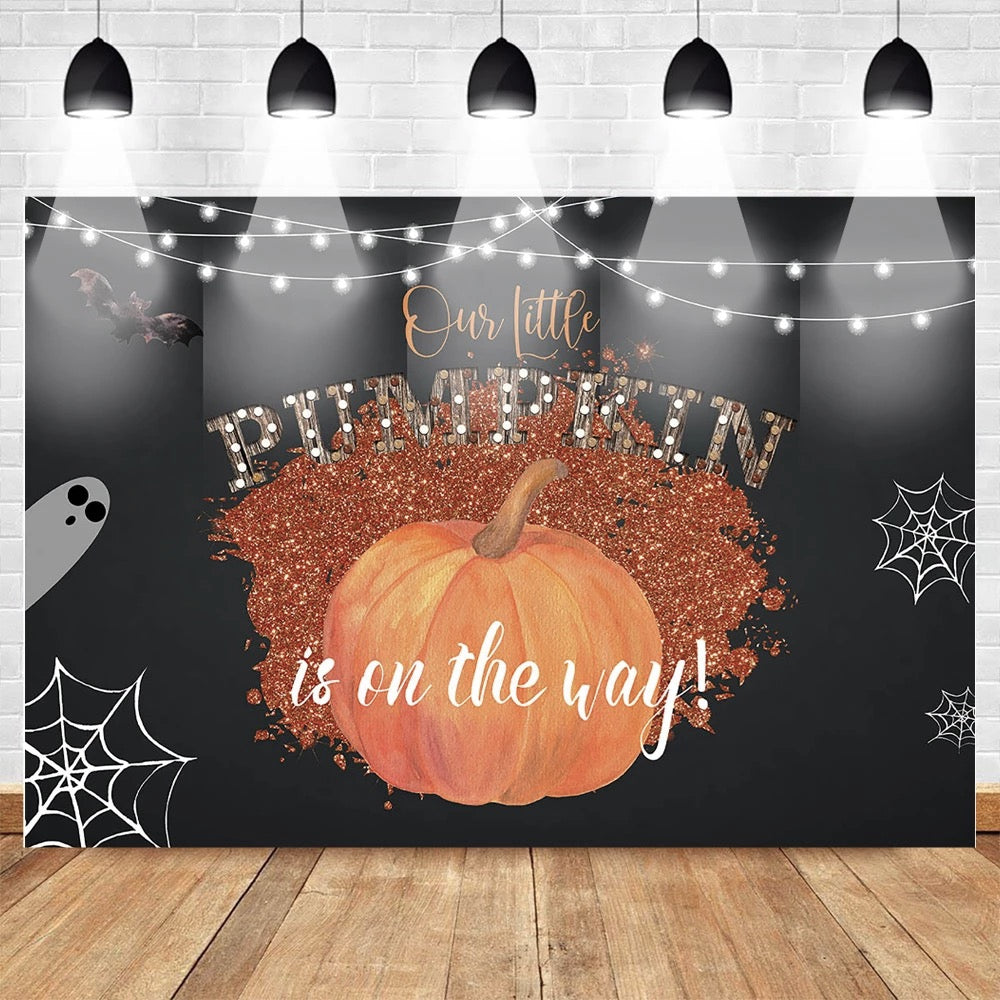 Halloween Party Banner Little Pumpkin Theme Newborn Baby Shower Backdrop for Photography Bat Spider Children Black Background for Photo Studio