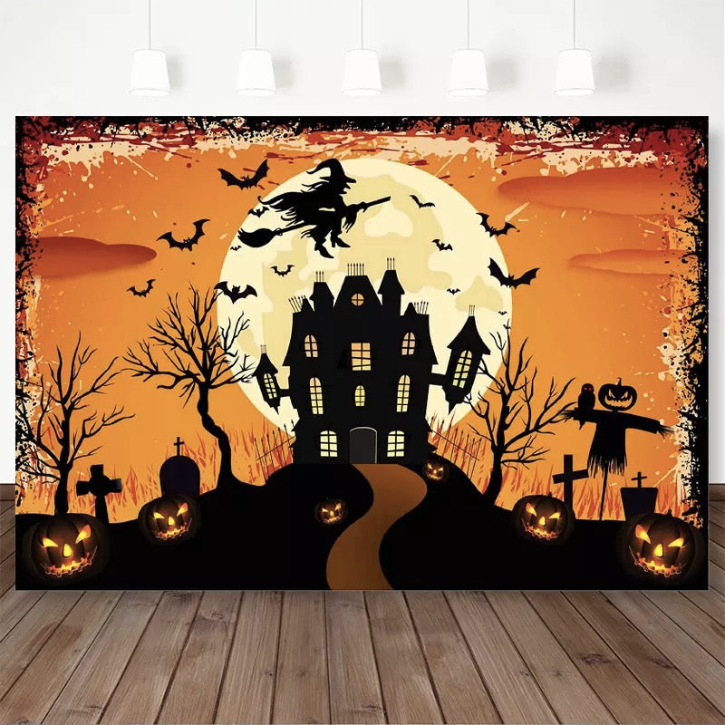 Halloween Party Backdrop Black Bat Castle Background Photography Scary Pumpkin Lantern Photocall Decor Background Photo Studio
