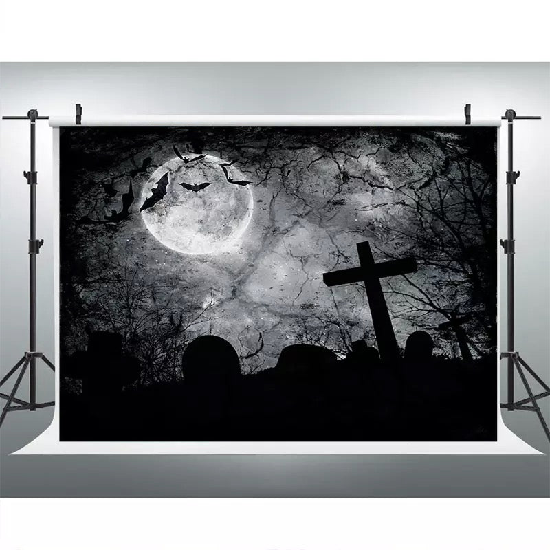Arrière-plan de photographie de fête d'halloween, accessoires Photo de lune de la forêt noire, arrière-plan de stand de Studio, arrière-plan de chauve-souris en croix